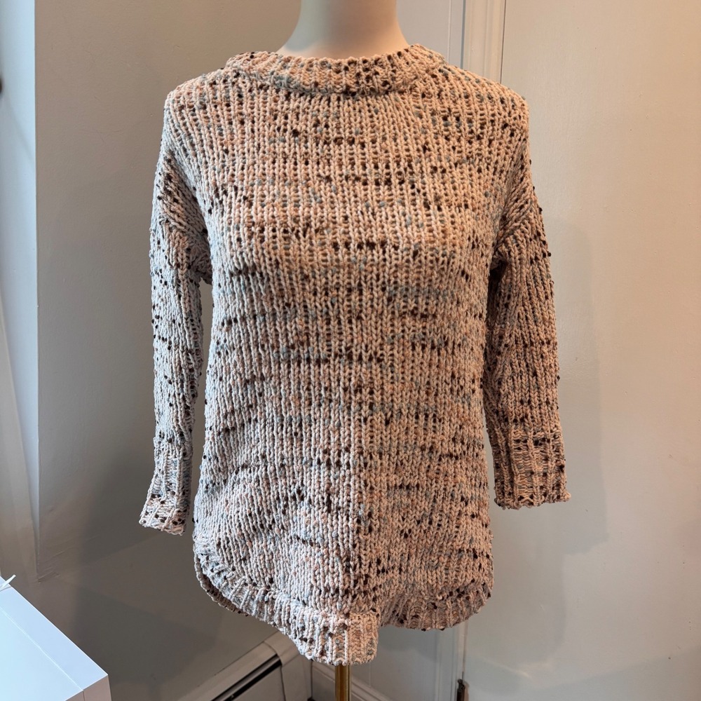 Jessica Simpson Tan Confetti Chenille Crewneck Sweater Cozy Chunky Knit | XS